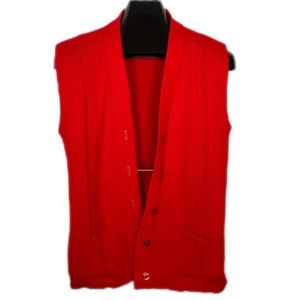 VINTAGE 70s Made in USA Red Knitted Cardigan Sweater Vest w/ Pockets Large